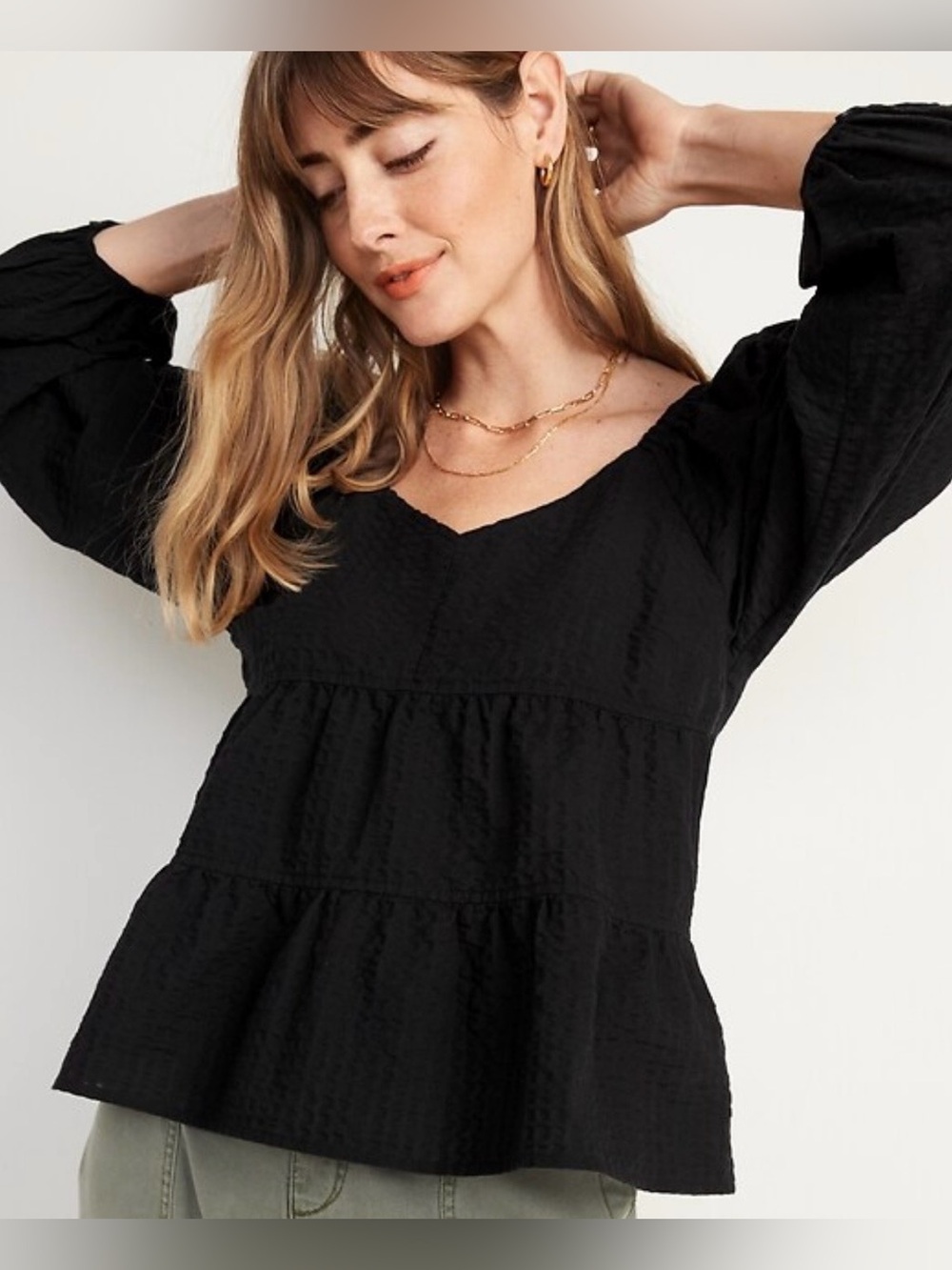 Old Navy Black Textured Baby Doll Peasant Blouse with Balloon Sleeves